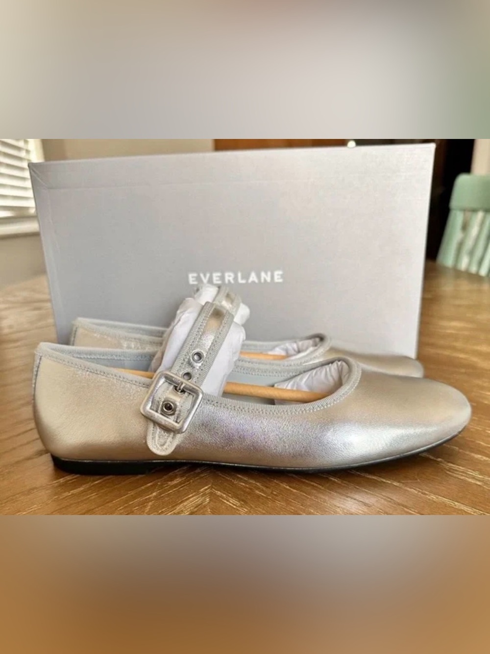 ISO Everlane Day Women's Silver Mary Jane Flats with Buckle